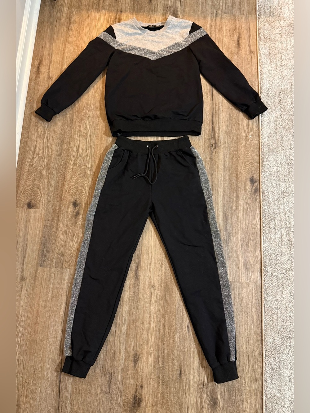Balmain Black Sweatshirt & Joggers with Silver Chevron and Side Panels